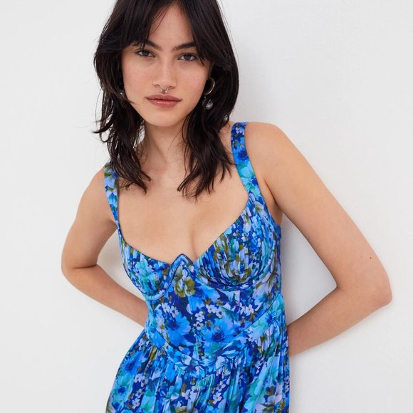 FOR LOVE & LEMONS Astor Floral Print Midi Dress In Blue NWT - Picture 2 of 10